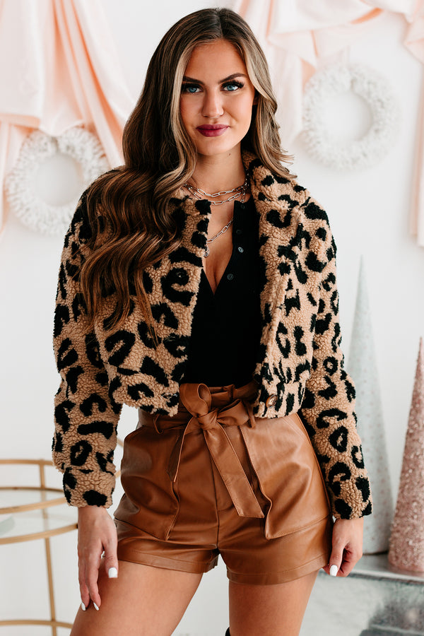 Fiercely Fabulous Leopard Print Cropped Sherpa Jacket (Taupe) - NanaMacs