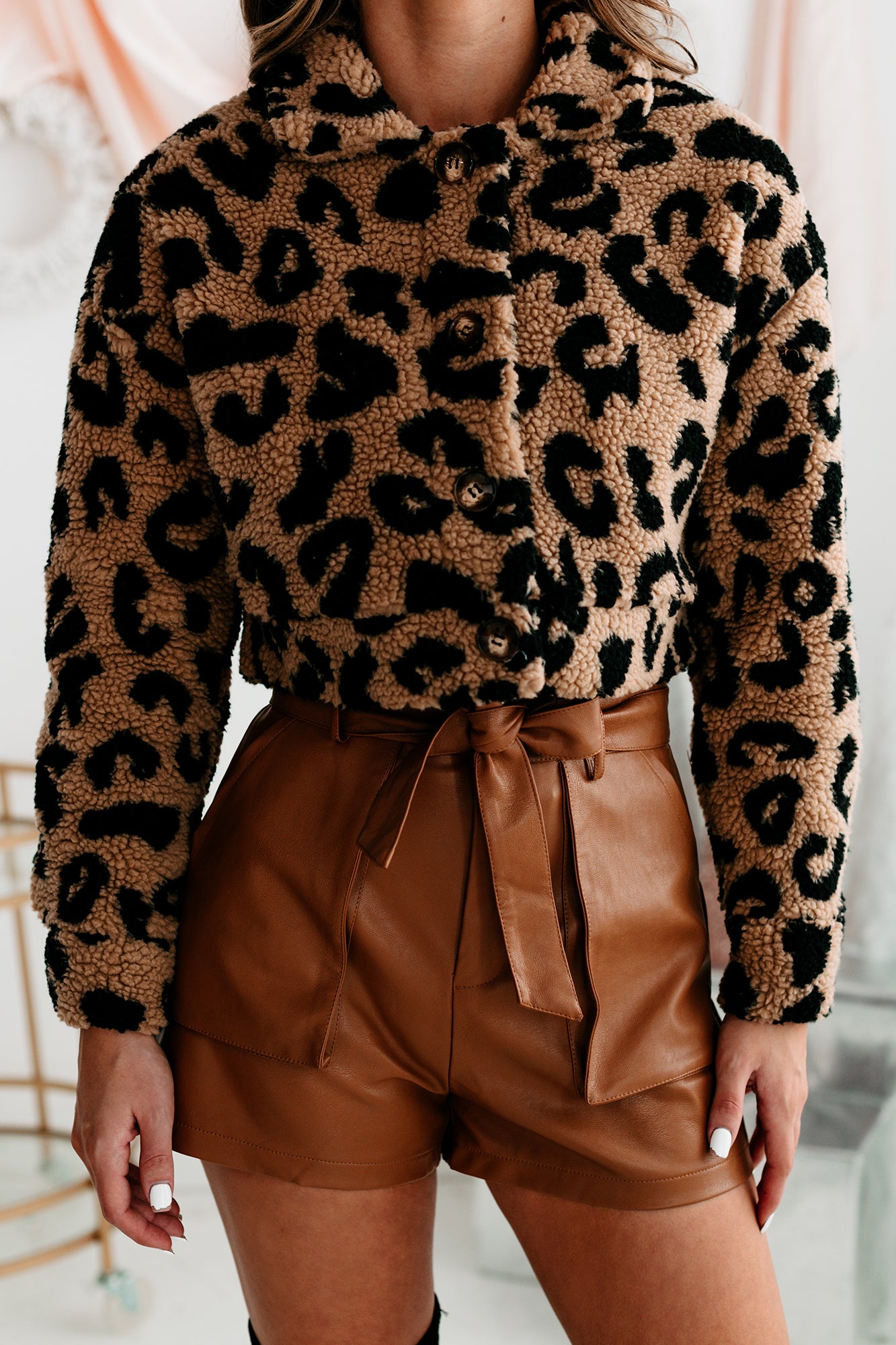 Fiercely Fabulous Leopard Print Cropped Sherpa Jacket (Taupe) - NanaMacs