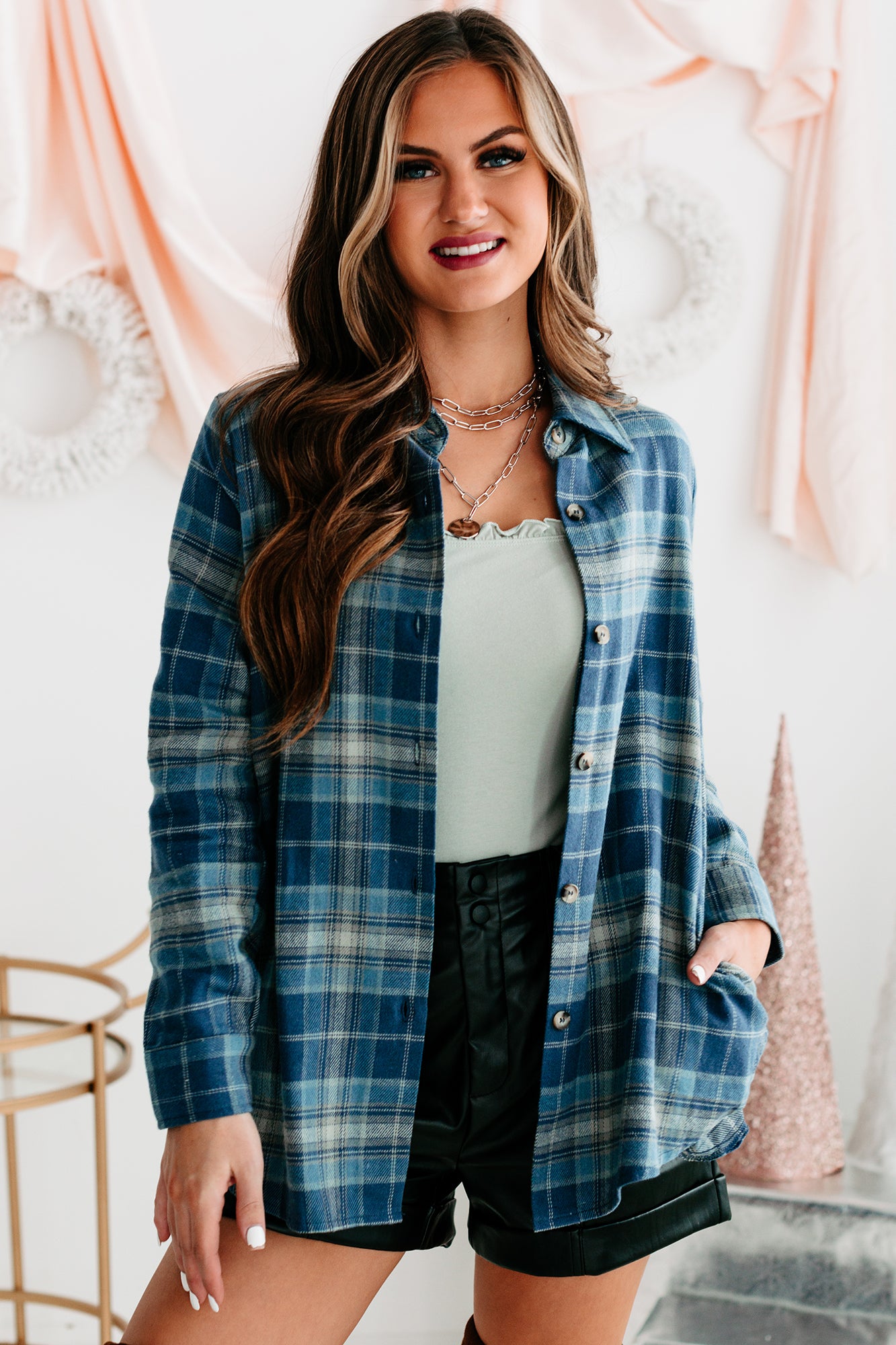 Bringing On Autumn Plaid Button Front Flannel Top (Blue) - NanaMacs