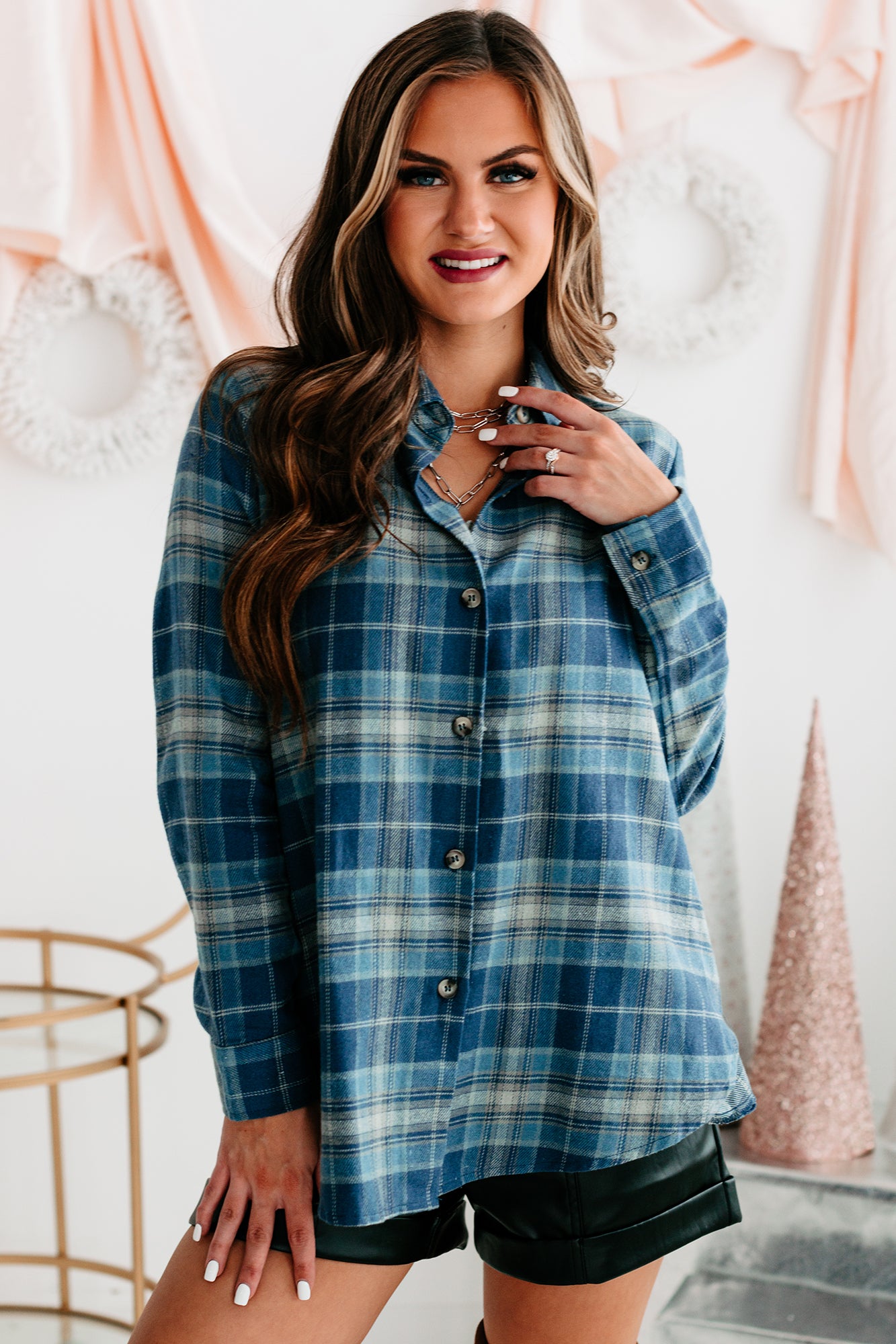 Bringing On Autumn Plaid Button Front Flannel Top (Blue) - NanaMacs