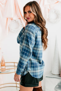 Bringing On Autumn Plaid Button Front Flannel Top (Blue) - NanaMacs