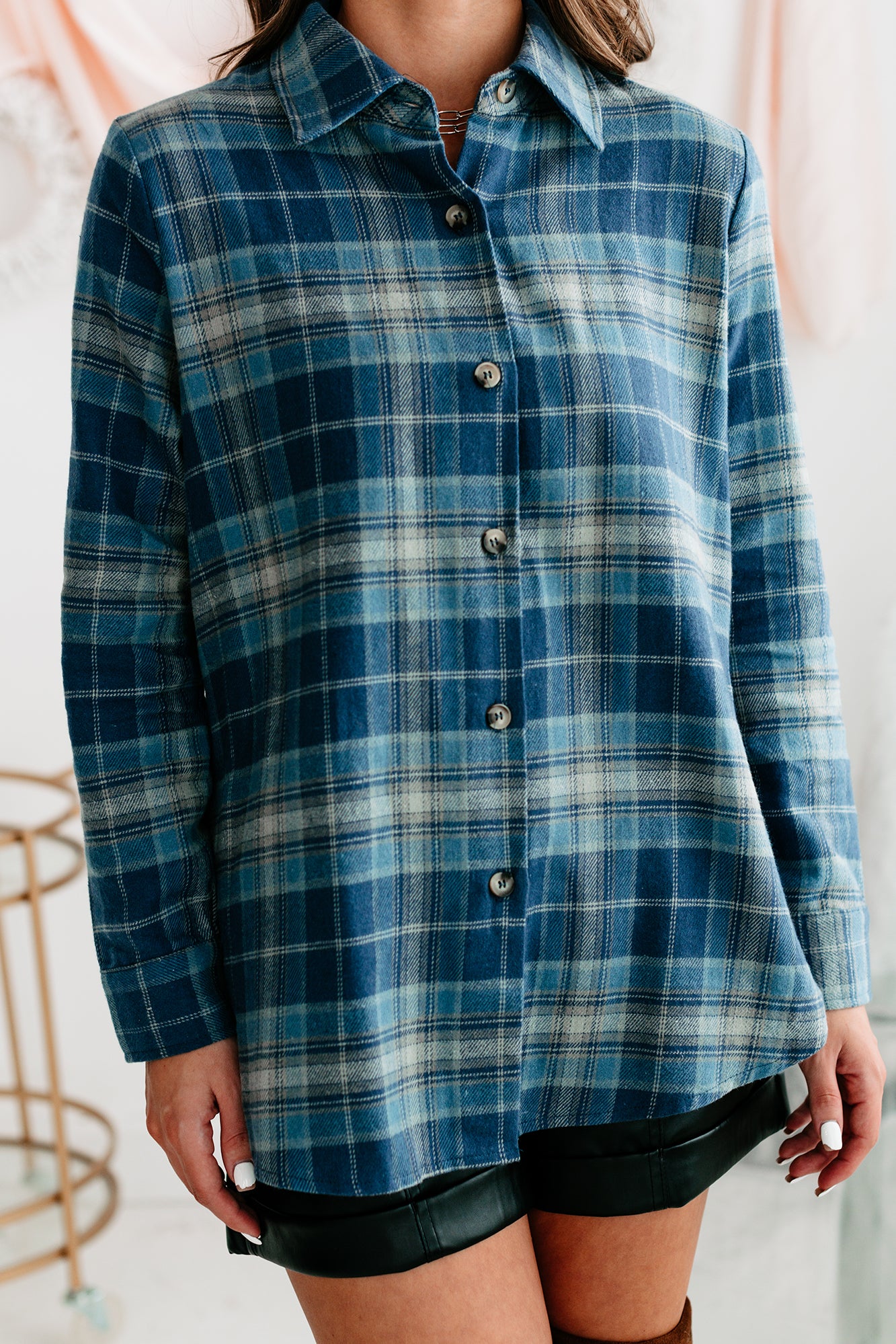 Bringing On Autumn Plaid Button Front Flannel Top (Blue) - NanaMacs