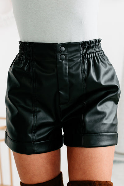 Back Faux More Faux Leather Elastic Waist Shorts (Black) - NanaMacs