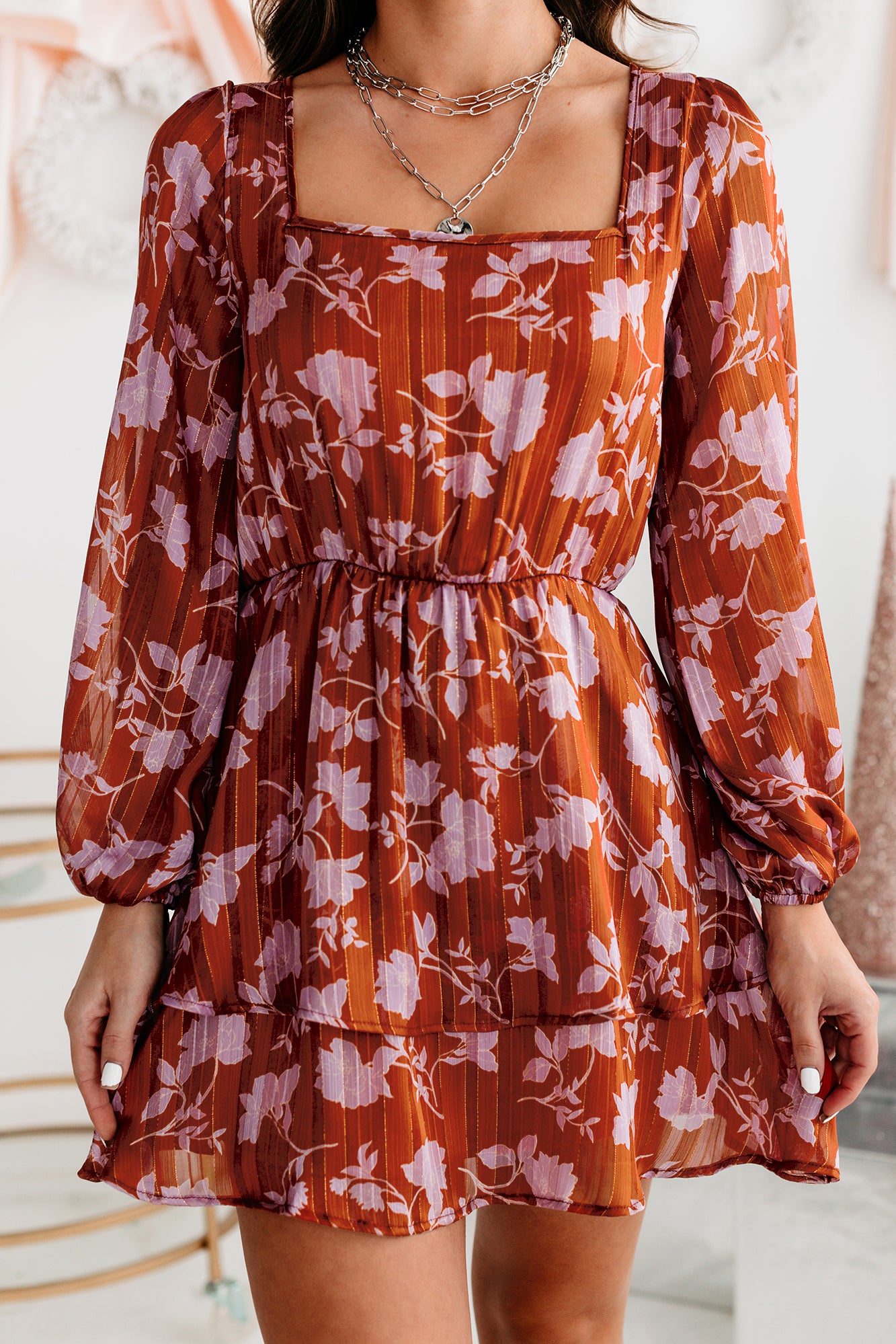 Vibrant Personality Floral/Striped Long Sleeve Mini Dress (Marsala/Lavender) - NanaMacs