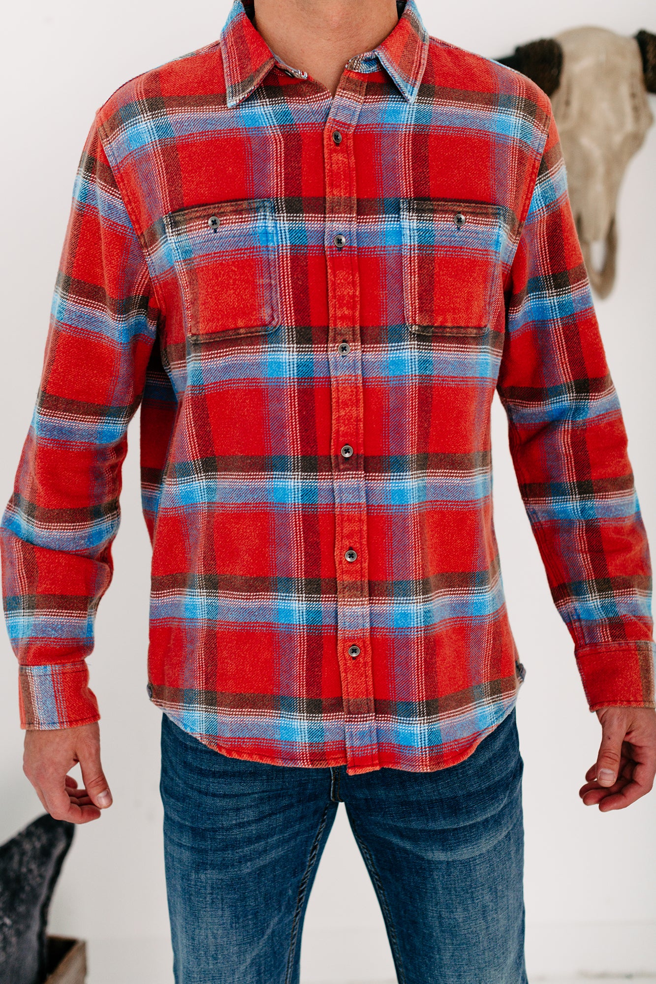 Lucas Flannel Button-Up Shirt (Red/Blue/Charcoal) - NanaMacs