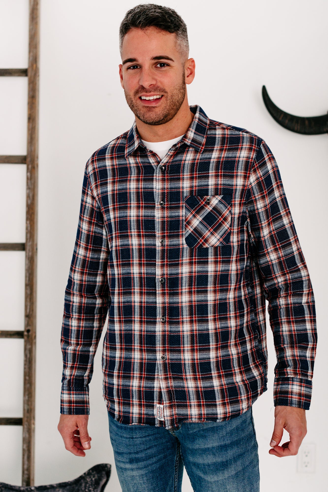 Tayon Men's Double-Layered Plaid Button-Down (Navy) - NanaMacs