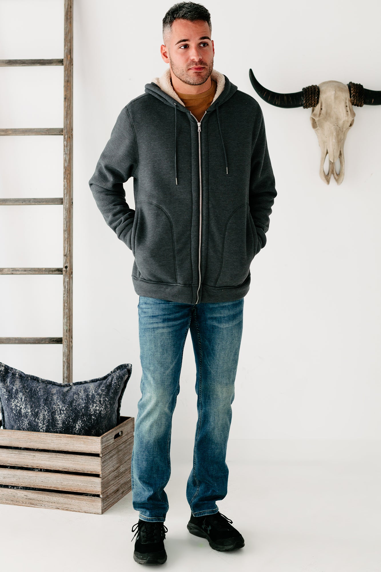 Jace Sherpa Lined Zippered Hoodie (Charcoal) - NanaMacs