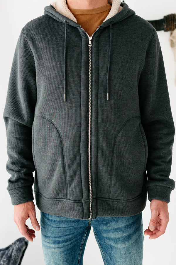 Jace Sherpa Lined Zippered Hoodie (Charcoal) - NanaMacs