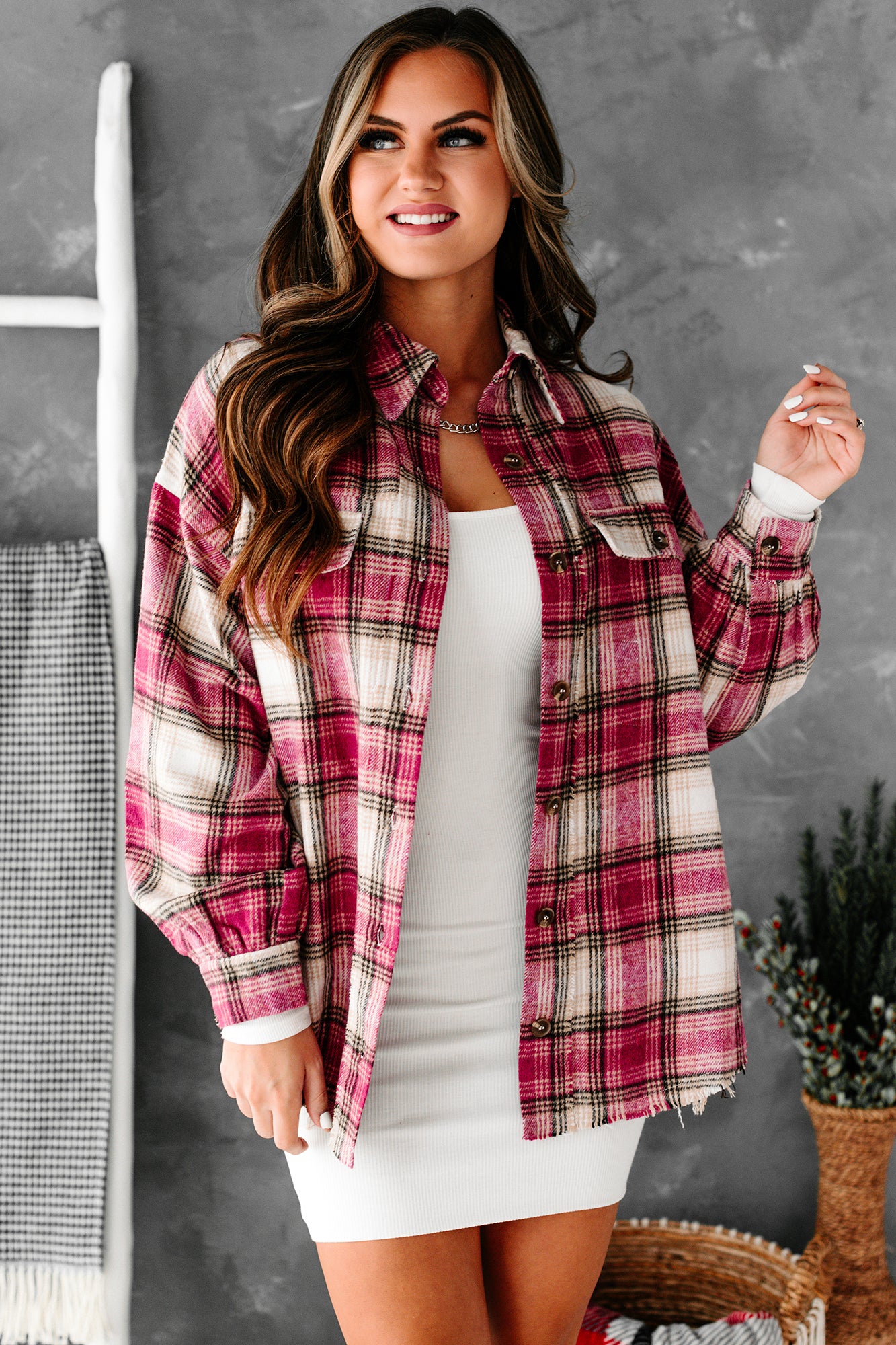 Pink Power Raw Hem Plaid Shacket (Pink) - NanaMacs