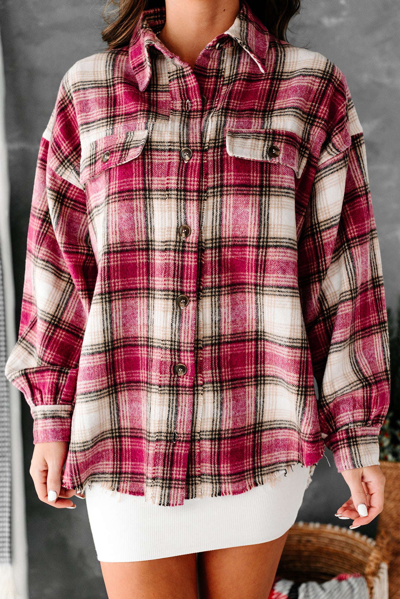 Pink Power Raw Hem Plaid Shacket (Pink) - NanaMacs