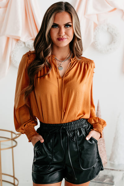 Family Affair Keyhole Satin Blouse (Camel) - NanaMacs