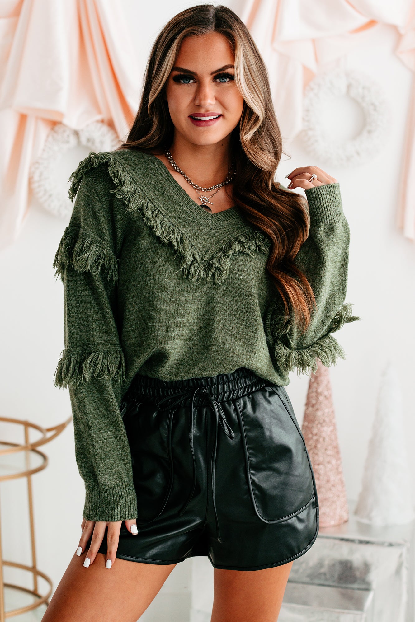 Feeling Fringy V-Neck Fringe Detail Sweater (Olive) – NanaMacs