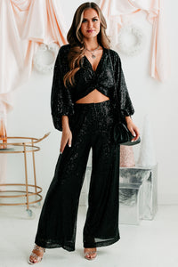 Glitter Goals Sequin Wide Leg Pant (Black) - NanaMacs