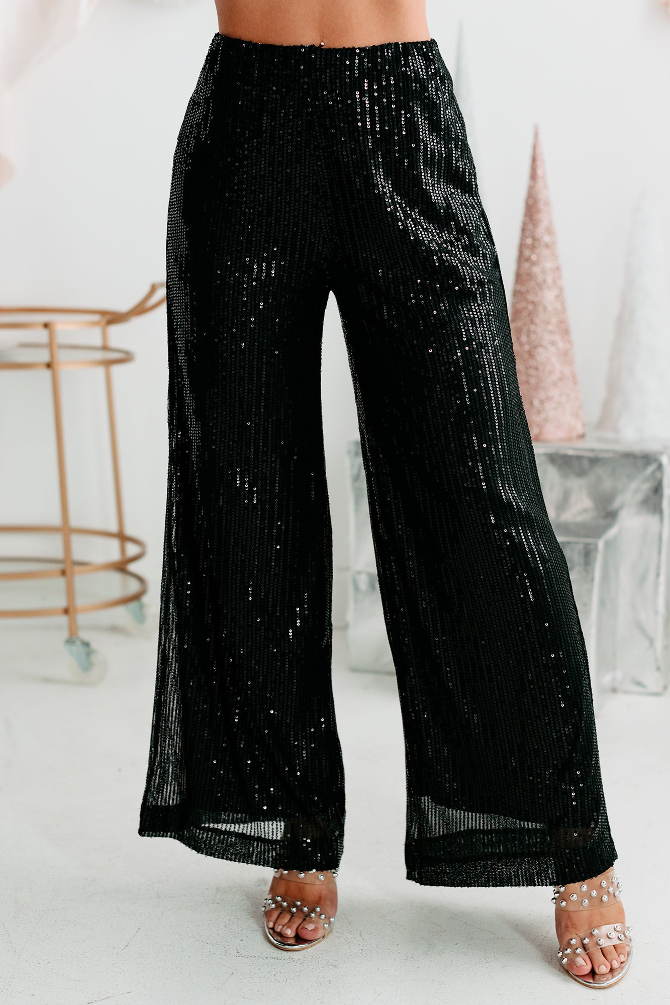 Amazon.com: Bufgaceh Women's Sequin Pants Elastic HIgh Waisted Sparkle Wide  Leg Pants Elegant Loose Pleated Glitter Palazzo Trousers Black : Clothing,  Shoes & Jewelry