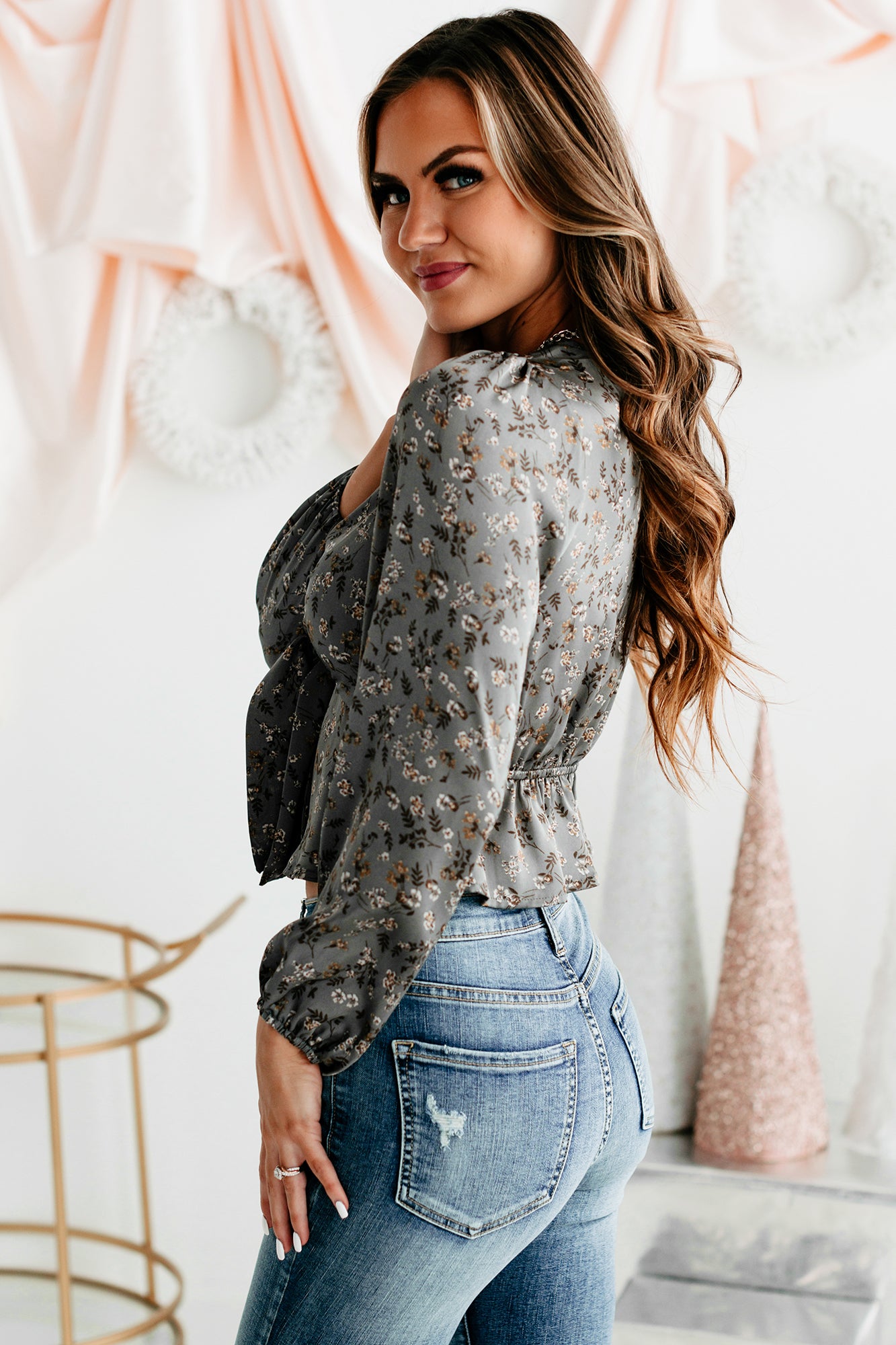 Opportunity For Growth Satin Floral Crop Top (Grey) - NanaMacs