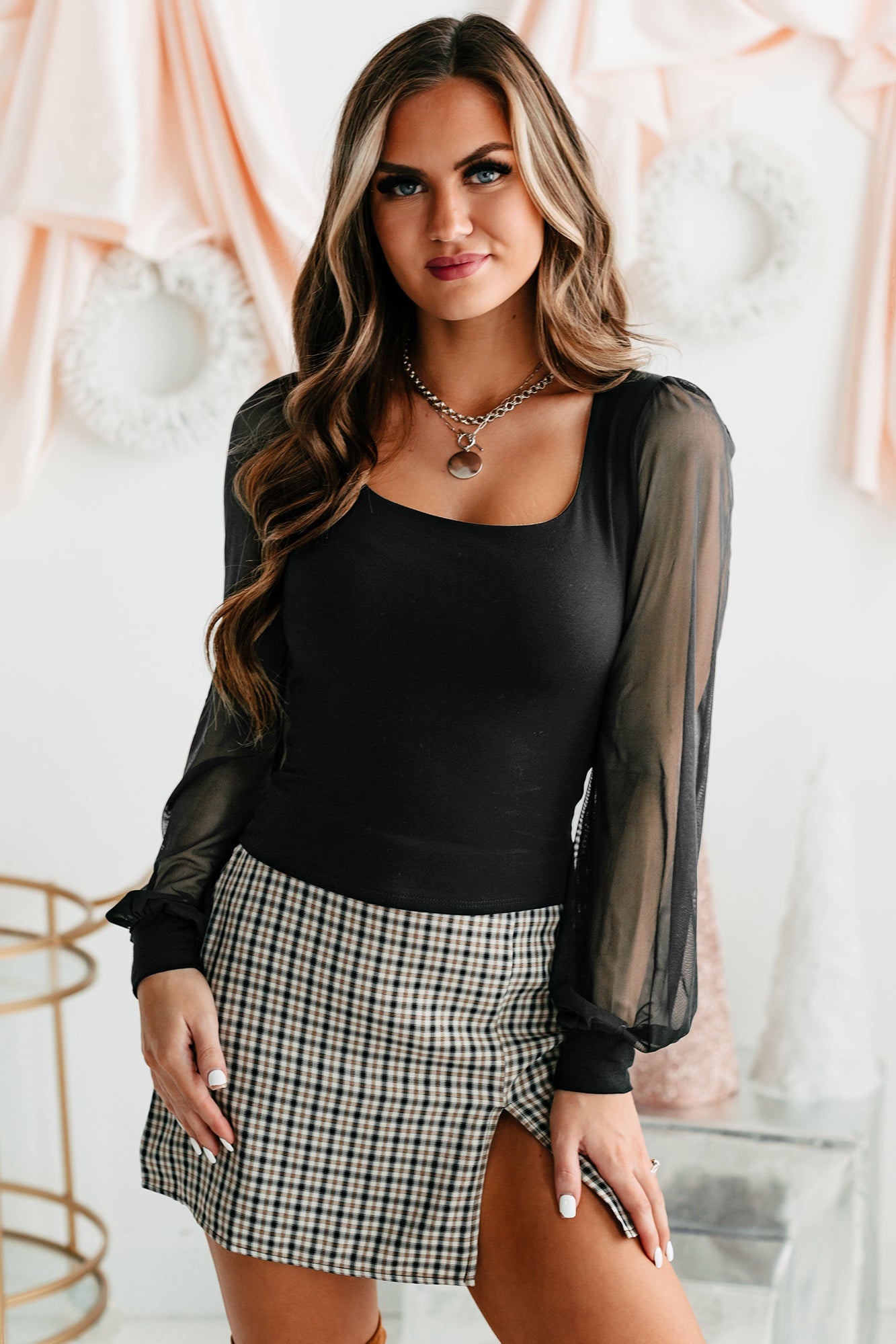 Hanging Onto Love Fitted Mesh Sleeve Top (Black) - NanaMacs