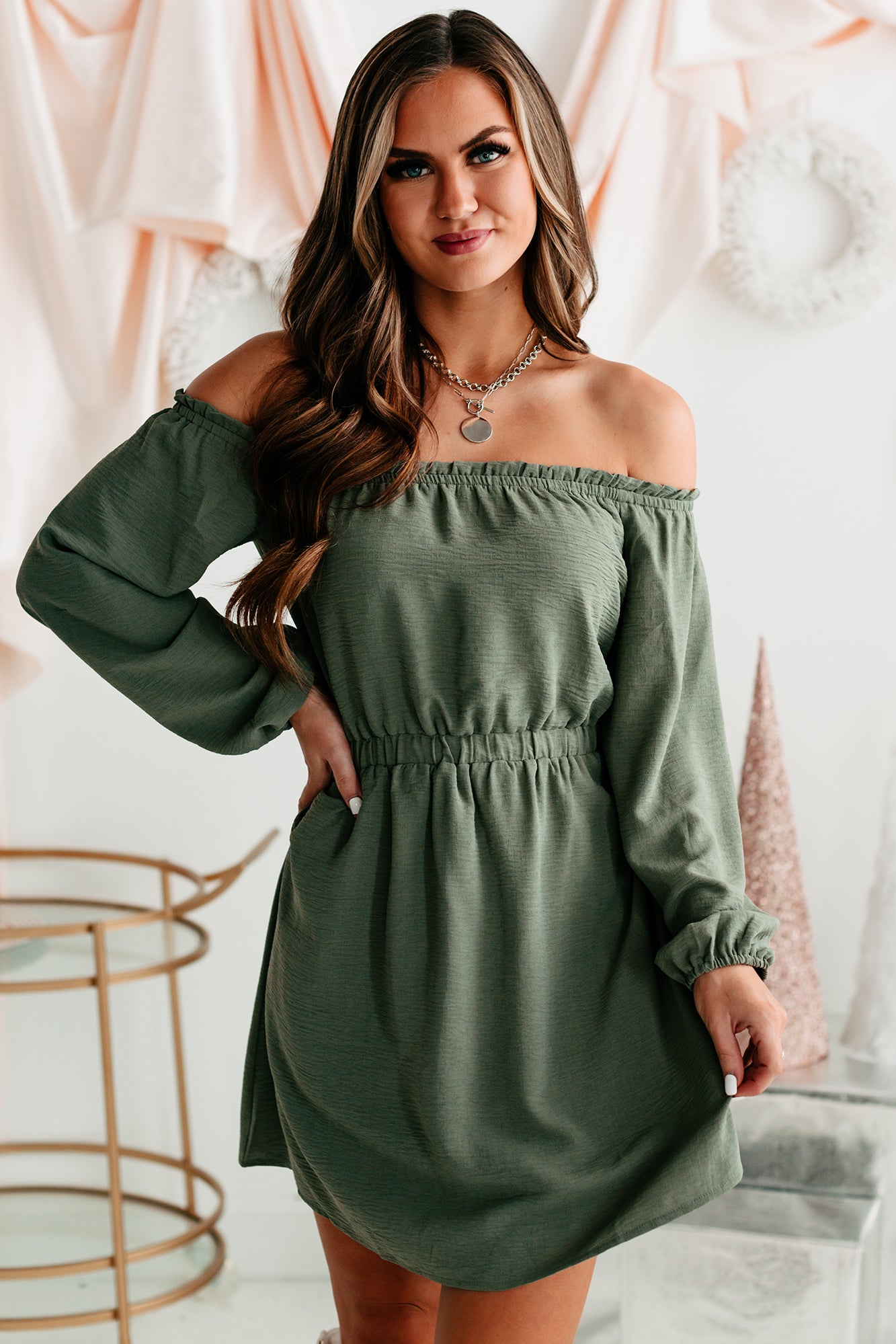 Olive off the outlet shoulder dress