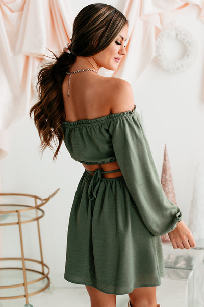 Middle Of Time Open Back Off The Shoulder Dress (Olive) - NanaMacs