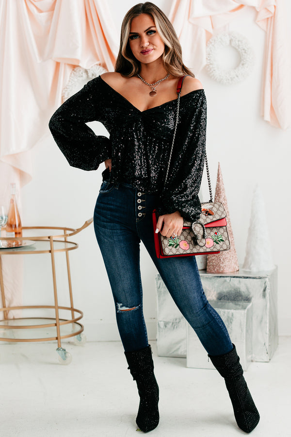 Sparkle & Shine Sequin Balloon Sleeve Top (Black) - NanaMacs