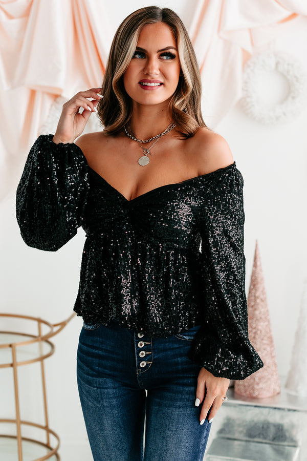 Sparkle & Shine Sequin Balloon Sleeve Top (Black) - NanaMacs