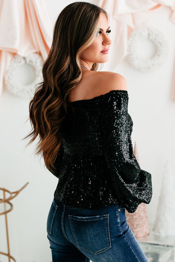 Sparkle & Shine Sequin Balloon Sleeve Top (Black) - NanaMacs