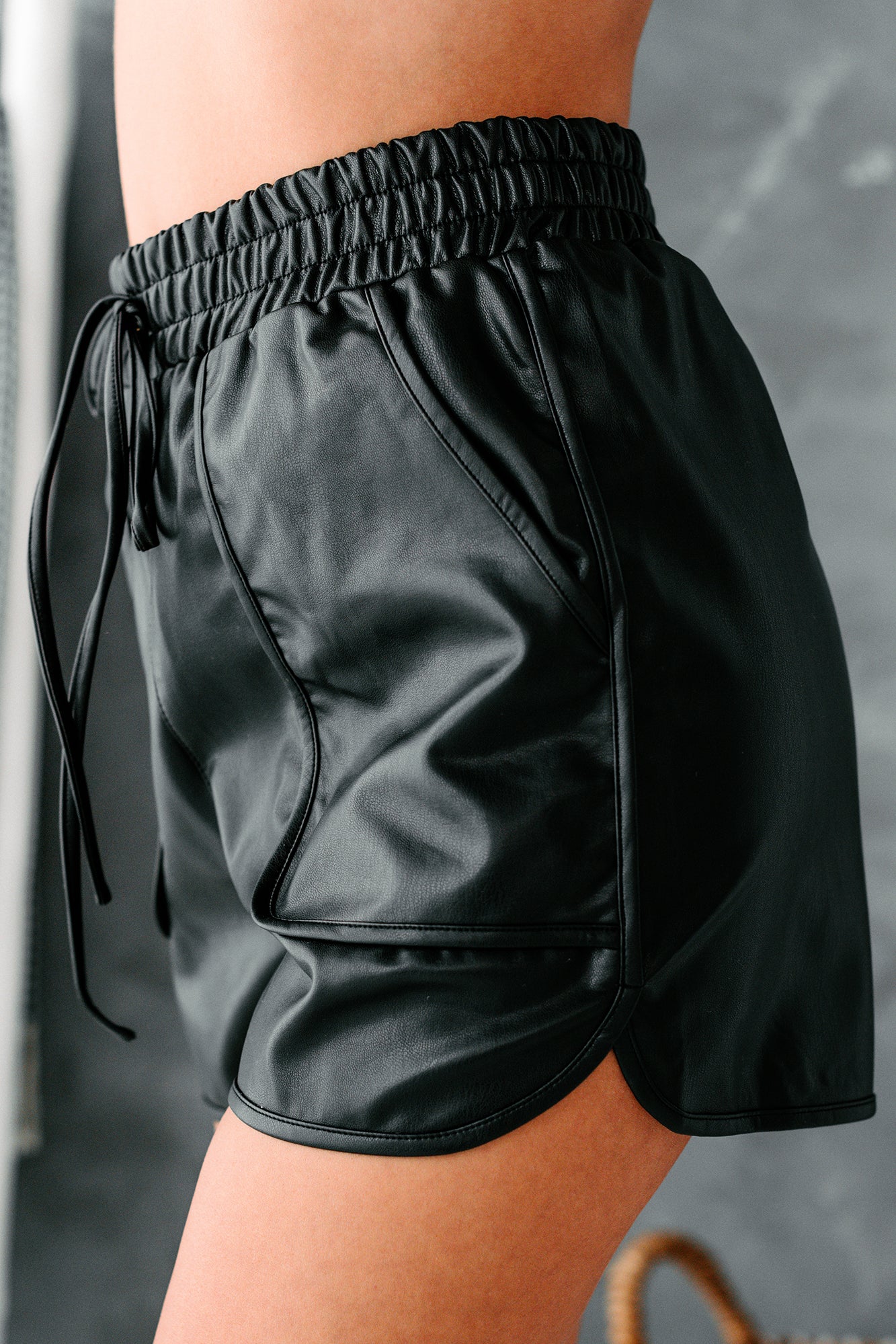 Different Kind Of Baddie Elastic Waist Faux Leather Shorts (Black) - NanaMacs