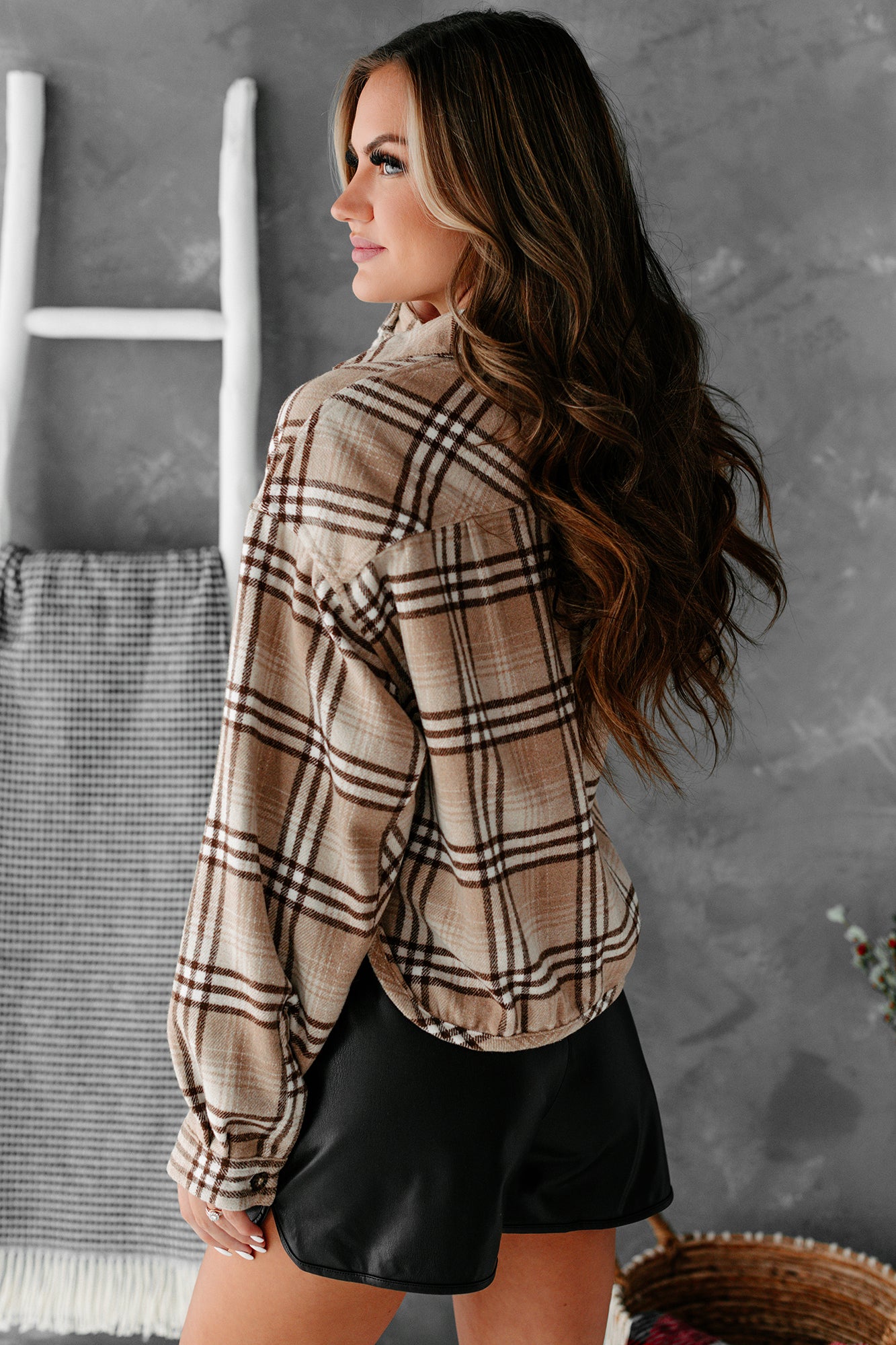 In The Woods Cropped Plaid Shacket (Taupe/Brown) - NanaMacs