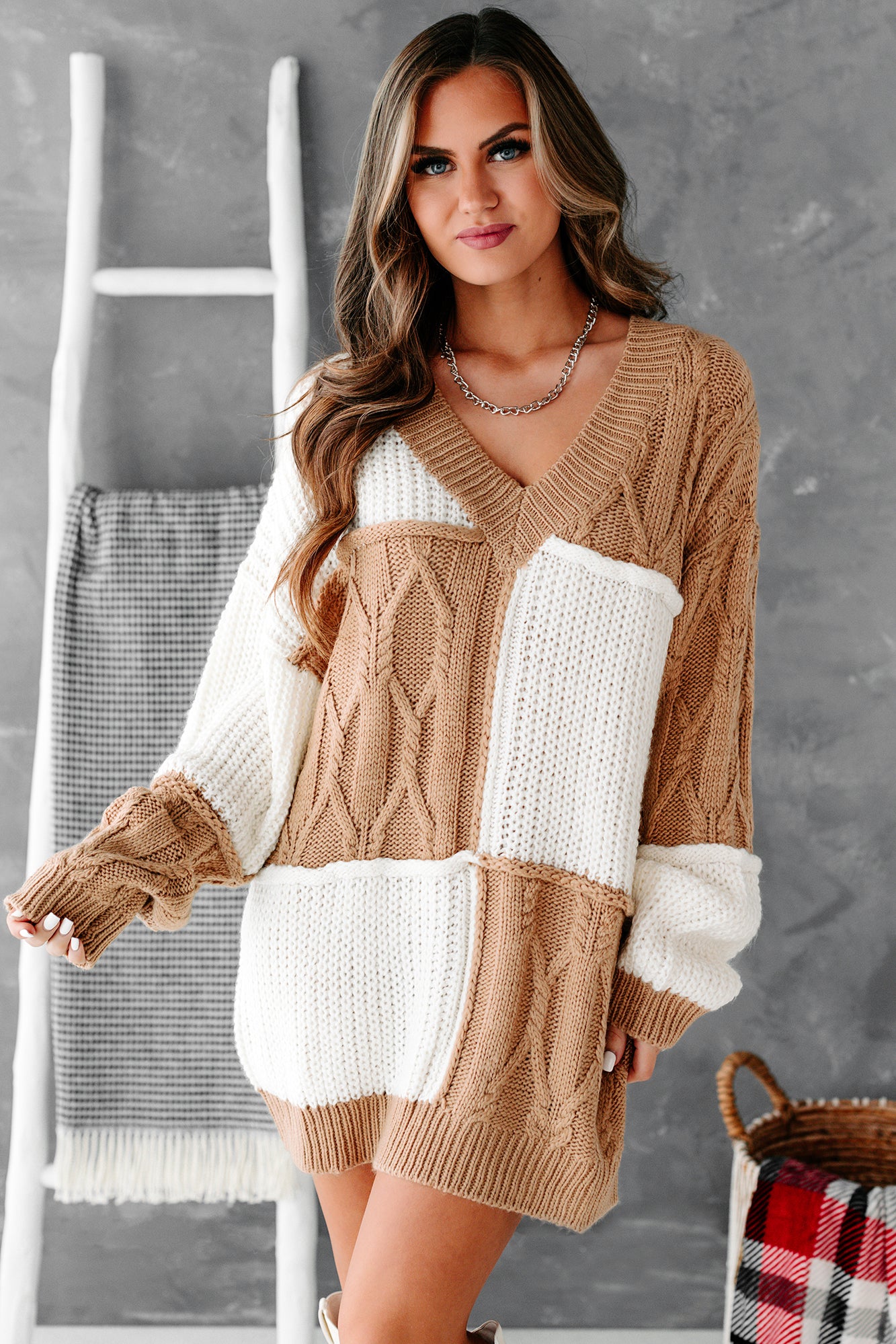 Dreamy In Patchwork Oversized Tunic Patchwork Sweater (Camel/Cream) - NanaMacs