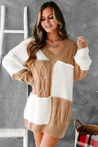 Dreamy In Patchwork Oversized Tunic Patchwork Sweater (Camel/Cream) - NanaMacs