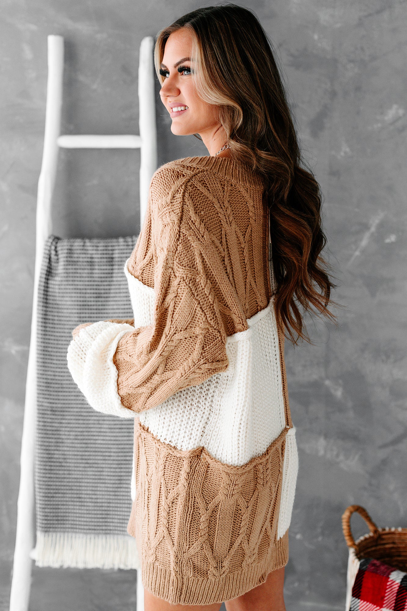 Dreamy In Patchwork Oversized Tunic Patchwork Sweater (Camel/Cream) - NanaMacs