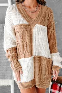 Dreamy In Patchwork Oversized Tunic Patchwork Sweater (Camel/Cream) - NanaMacs