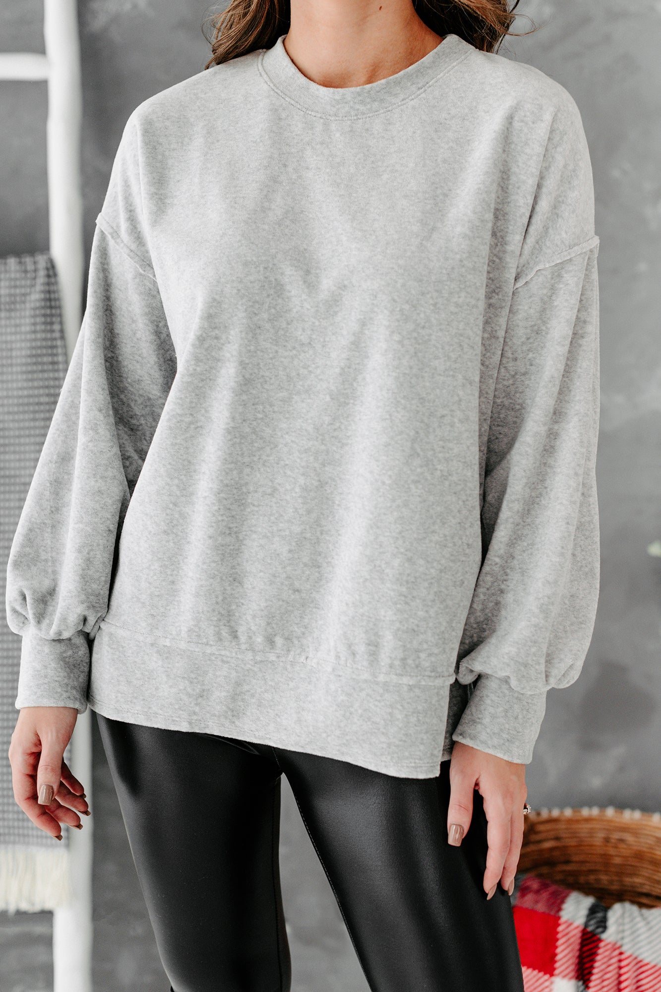 Embracing Cozy Long Sleeve Velour Top (Heather Gray) - NanaMacs