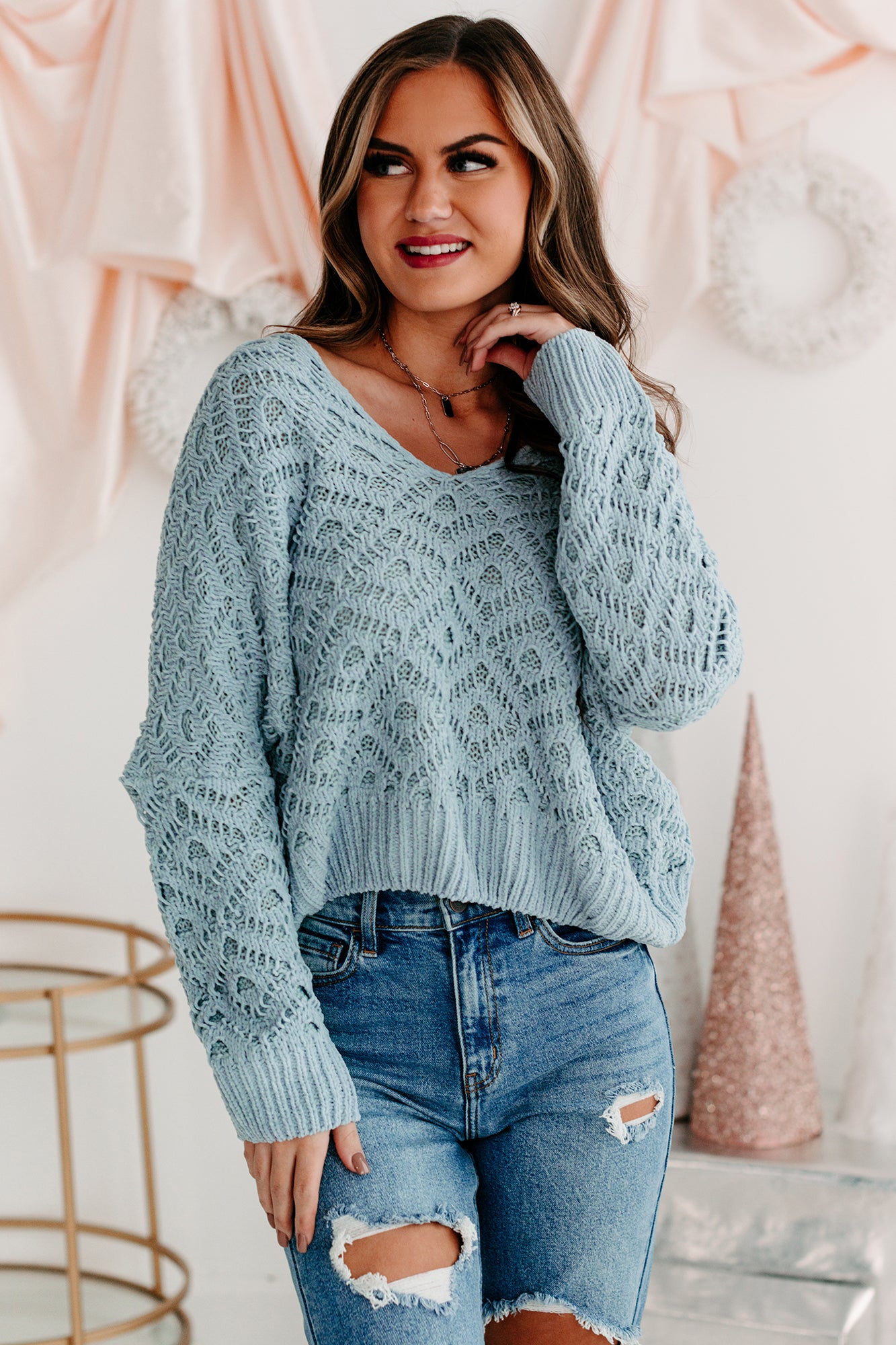 Morning Chill Dolman Sleeve Diamond Knit Sweater (Dusty Blue) - NanaMacs