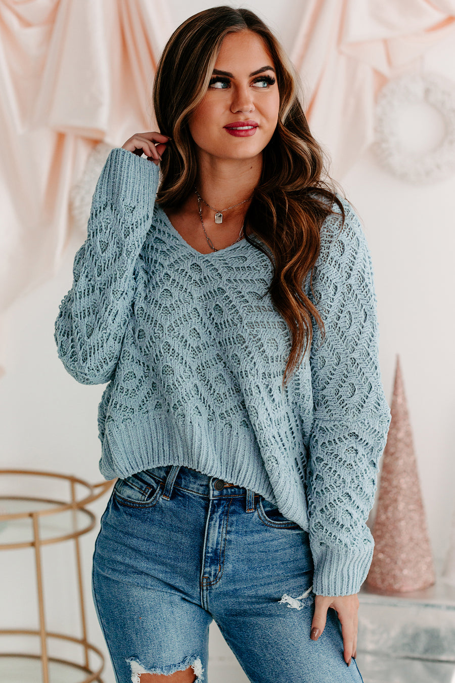 Morning Chill Dolman Sleeve Diamond Knit Sweater (Dusty Blue) - NanaMacs