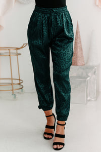 Sarabi Leopard Satin Joggers (Hunter Green) - NanaMacs