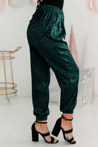 Sarabi Leopard Satin Joggers (Hunter Green) - NanaMacs