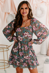 A Graceful Touch Floral Square Neck Dress (Teal/Plum) - NanaMacs