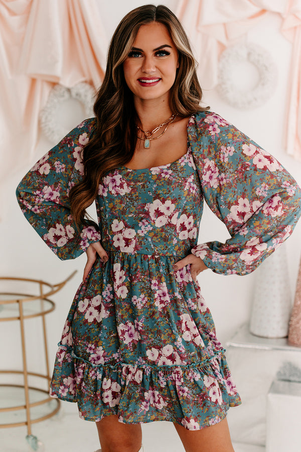 A Graceful Touch Floral Square Neck Dress (Teal/Plum) - NanaMacs