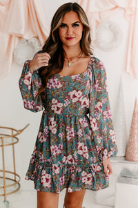 A Graceful Touch Floral Square Neck Dress (Teal/Plum) - NanaMacs