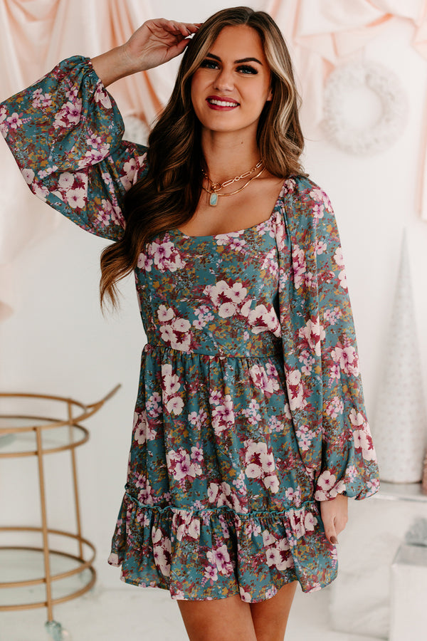 A Graceful Touch Floral Square Neck Dress (Teal/Plum) - NanaMacs