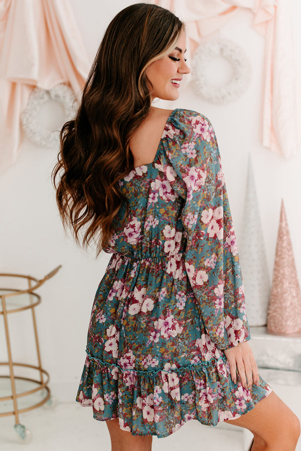 A Graceful Touch Floral Square Neck Dress (Teal/Plum) - NanaMacs