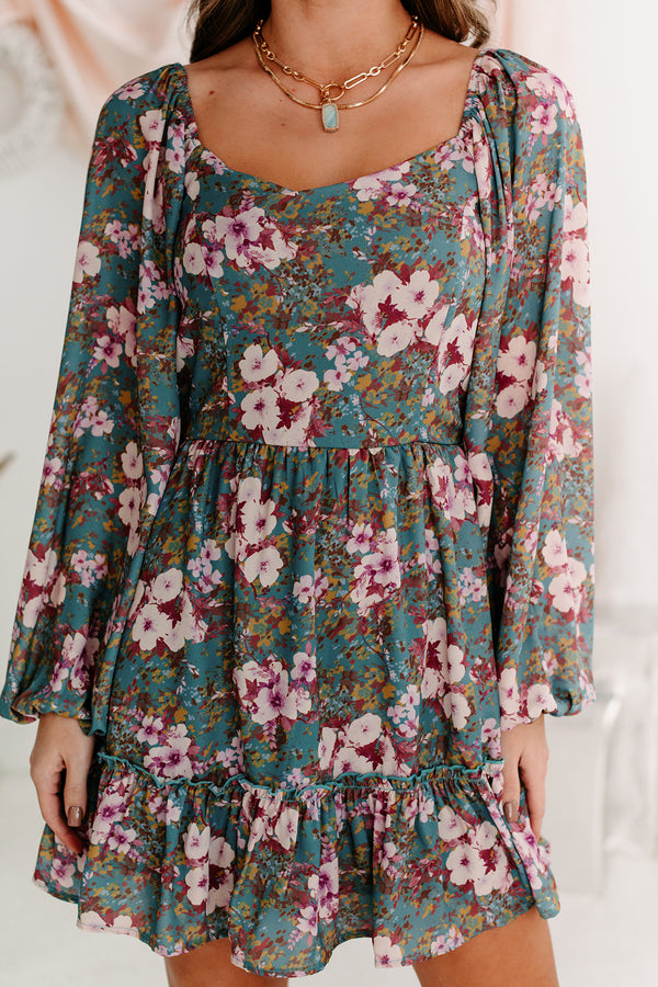 A Graceful Touch Floral Square Neck Dress (Teal/Plum) - NanaMacs