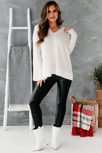 Lori Oversized Ribbed V-Neck Top (Off White) - NanaMacs