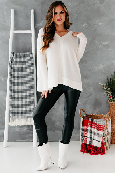 Lori Oversized Ribbed V-Neck Top (Off White) - NanaMacs