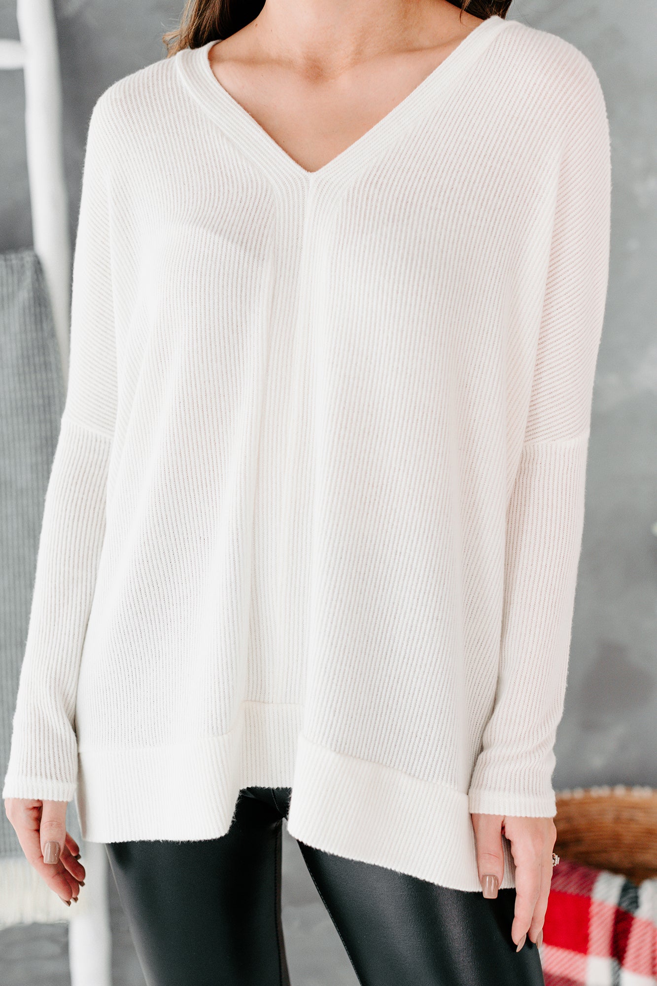 Lori Oversized Ribbed V-Neck Top (Off White) - NanaMacs