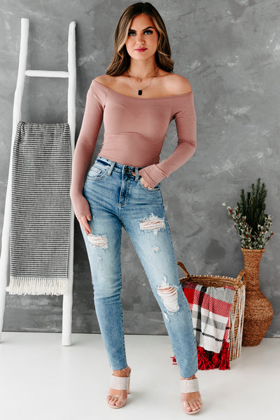 Don't Be Basic Long Sleeve Boatneck Crop Top (Mauve) - NanaMacs