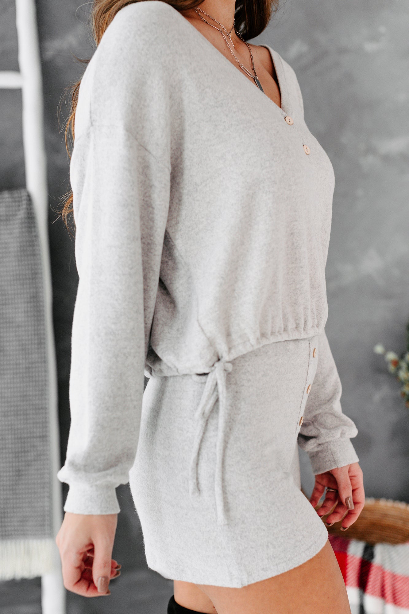 Taking Time Off Button-Detailed Brushed Fleece Set (Heather Grey) - NanaMacs