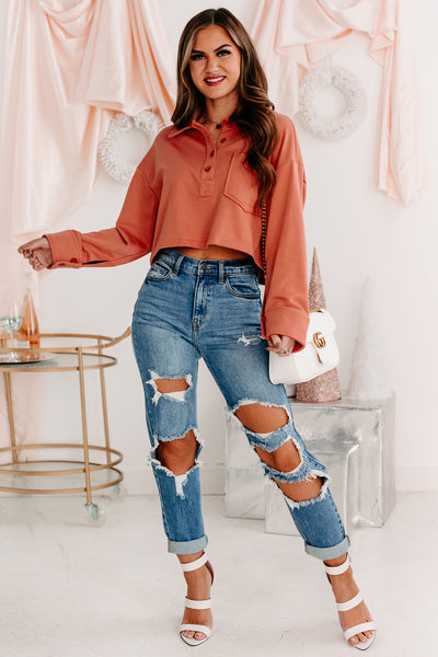 Let's Talk It Out French Terry Collared Crop Top (Brick) - NanaMacs