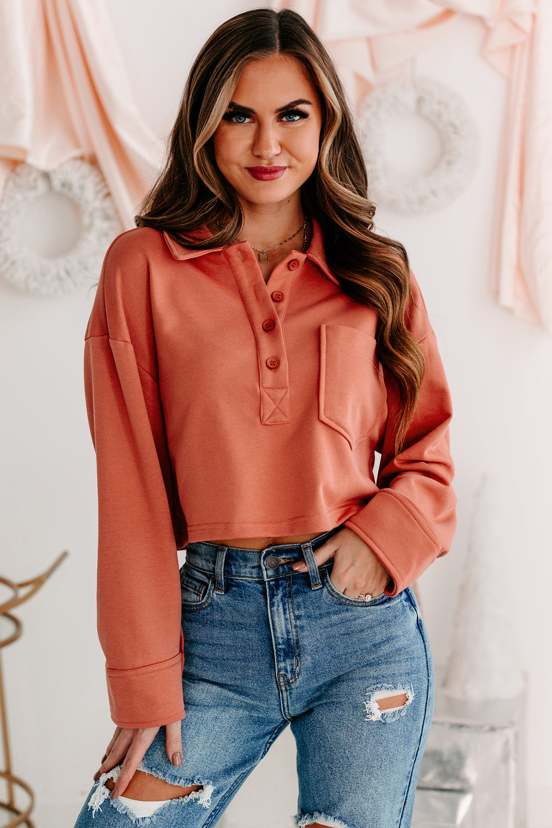 Let's Talk It Out French Terry Collared Crop Top (Brick) - NanaMacs