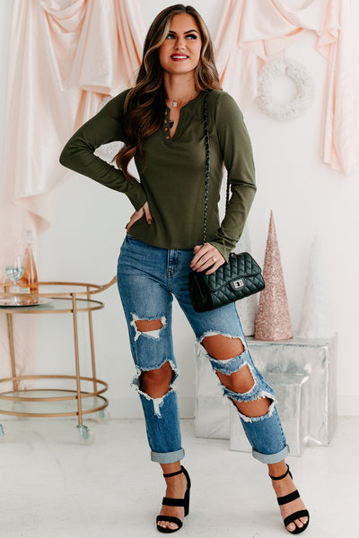 Katt Button Detail Long Sleeve Top (Olive) - NanaMacs